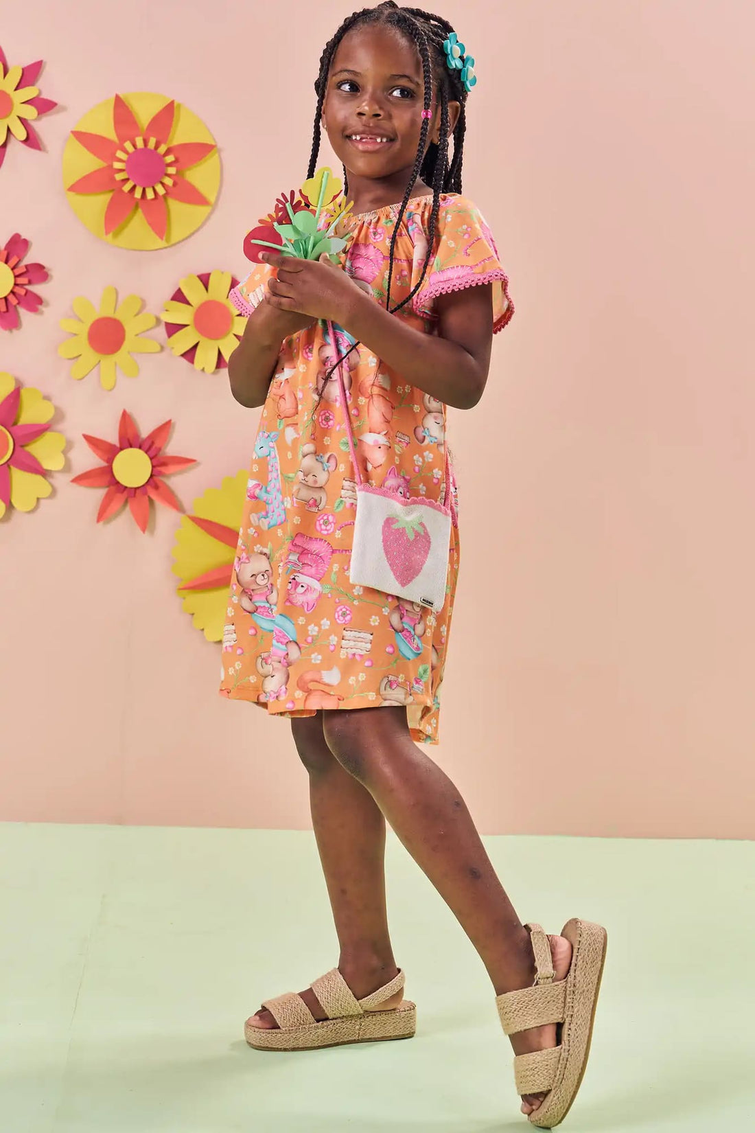 Vestido Infantil Kukiê Verão Laranja Festa dos Animais com Bolsinha