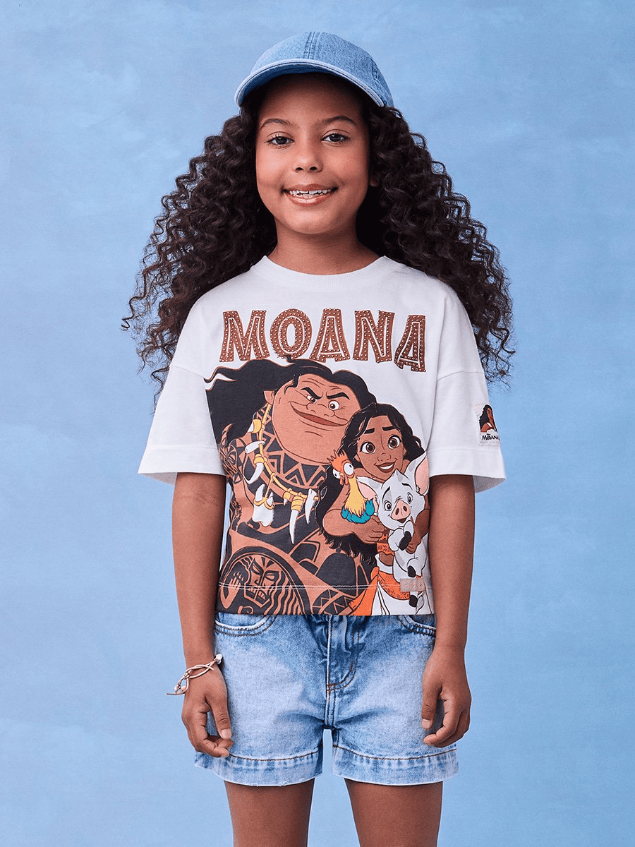 Blusa Infantil Animê Verão Off White Moana Disney