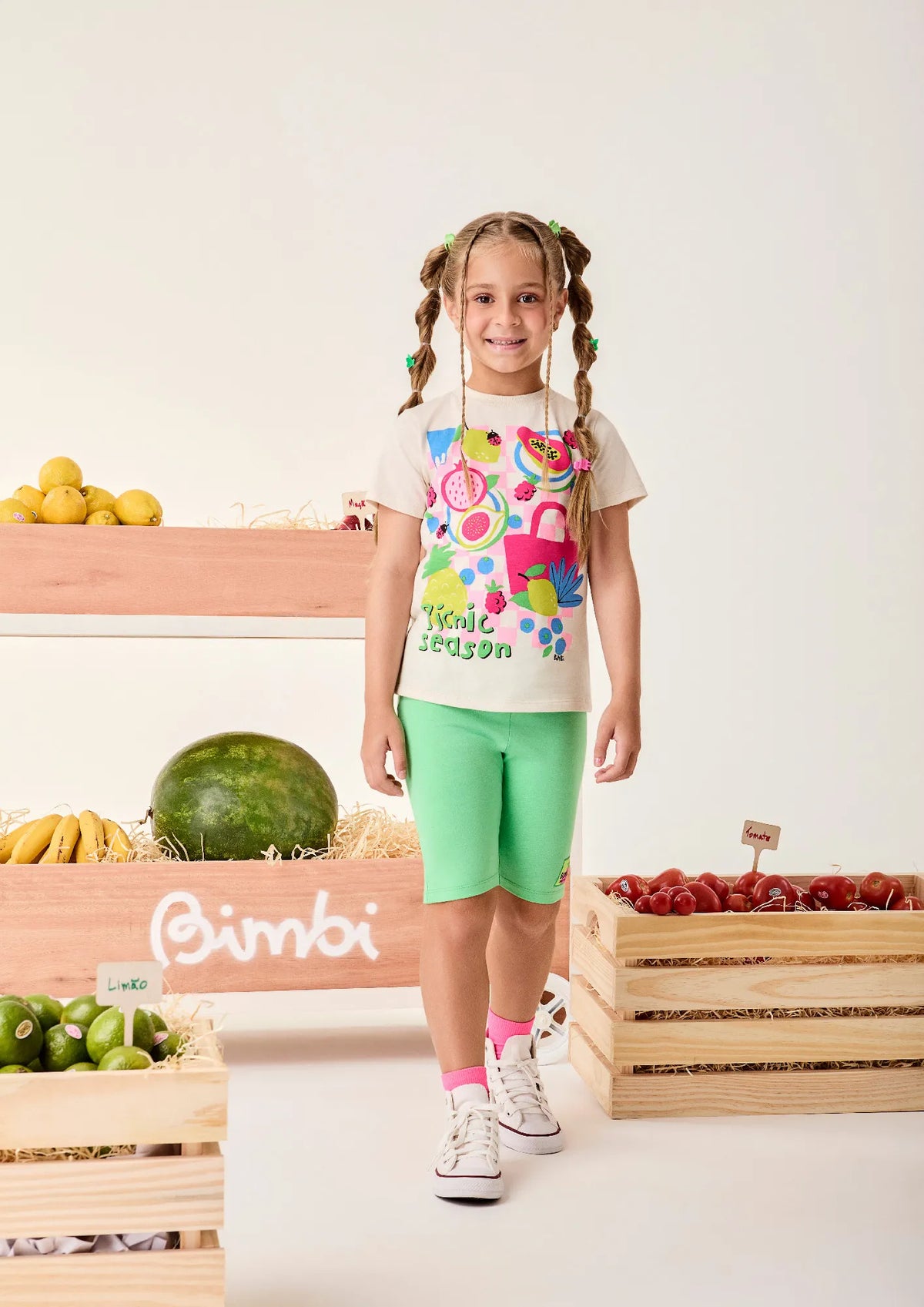 Conjunto Infantil Menina Bimbi Shorts Ciclista Verde e Blusa Bege Picnic