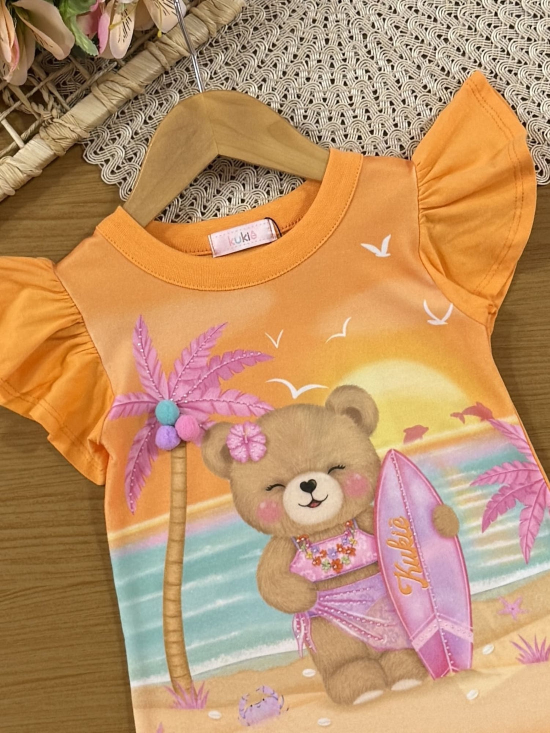Vestido Infantil Kukiê Verão Laranja Ursinha na Praia