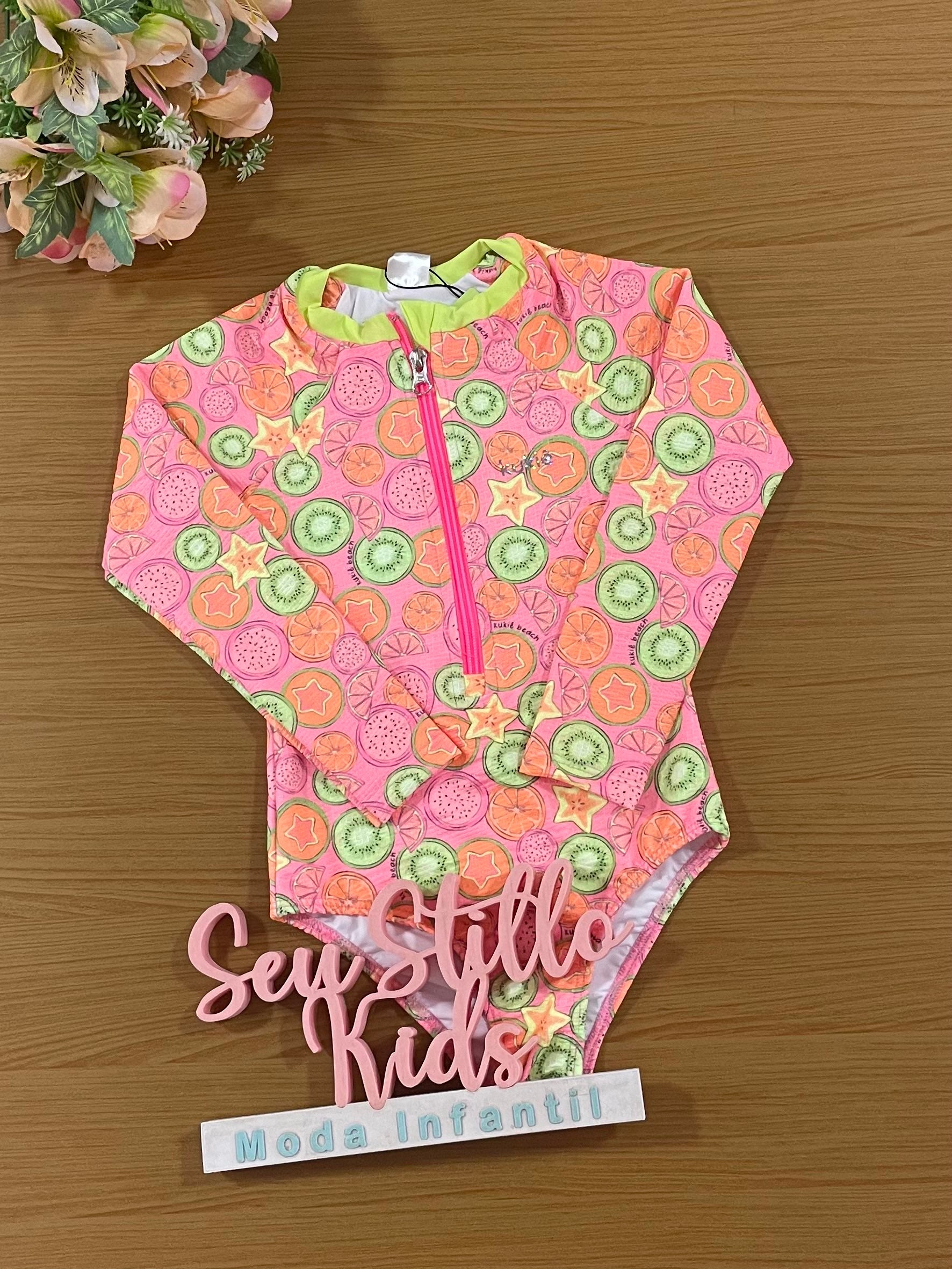Maiô Infantil Kukie Verão Manga Longa Rosa Frutinhas