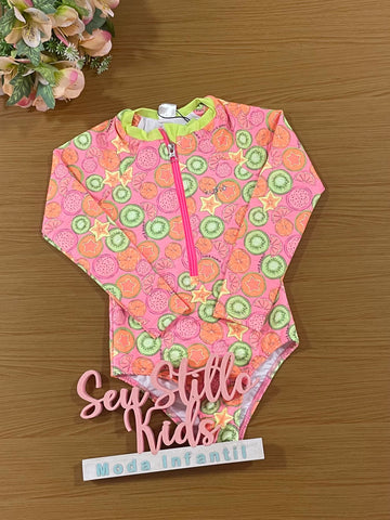 Maiô Infantil Kukie Verão Manga Longa Rosa Frutinhas