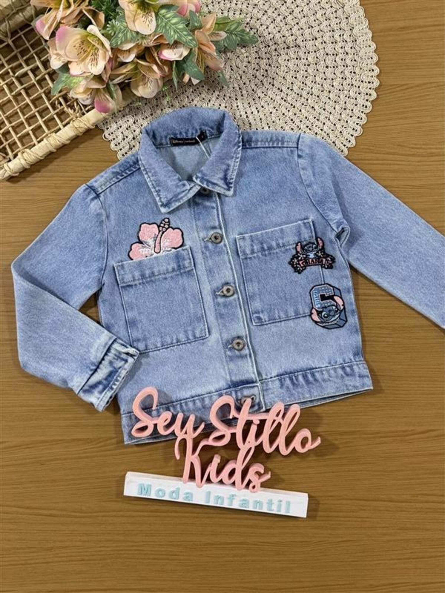 Jaqueta Infantil Animê Inverno Jeans Stitch com Strass Disney