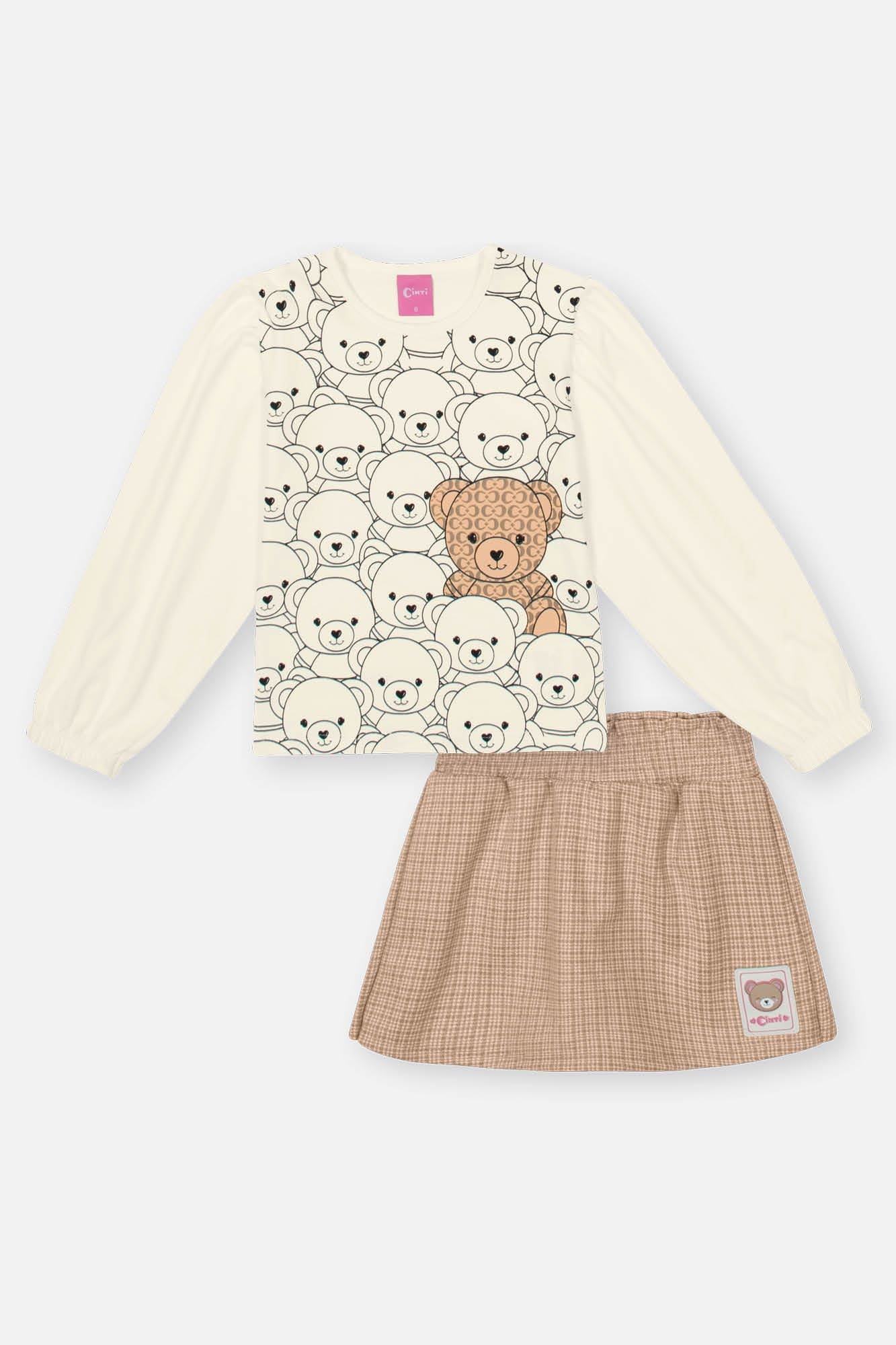 Conjunto Infantil Cinti Inverno com Short-Saia Bege e Blusa Ursinhos