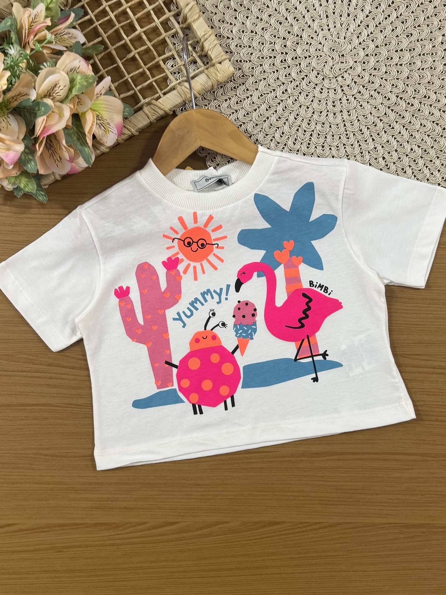 Conjunto Infantil Bimbi Verão com Shorts Saia Rosa e Blusa Branca Flamingo Tropical