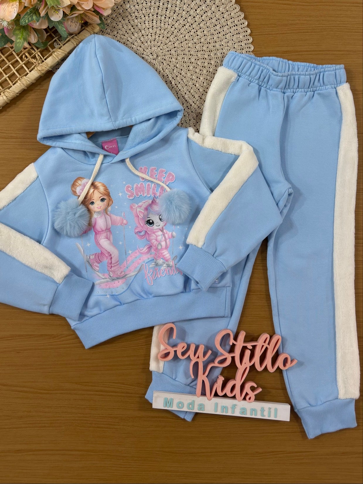 Conjunto Infantil Cinti Inverno com Calça e Moletom Flanelado Azul Menininha e Unicórnio