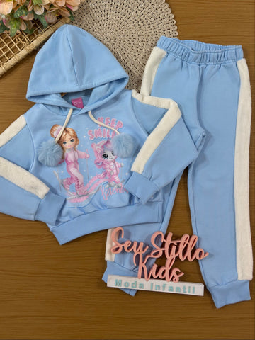 Conjunto Infantil Cinti Inverno com Calça e Moletom Flanelado Azul Menininha e Unicórnio