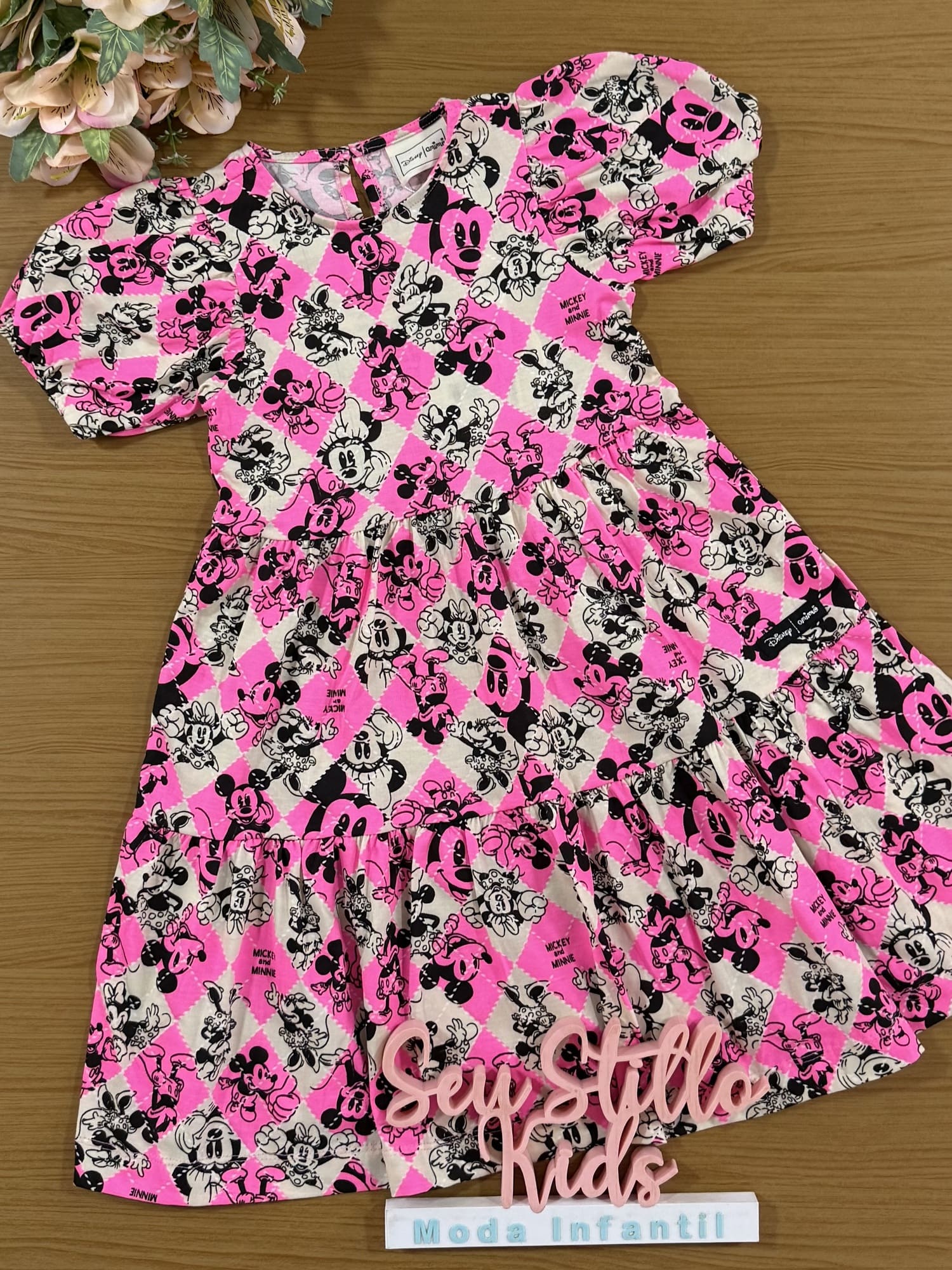 Vestido Infantil Animê Rosa Xadrez Minnie e Mickey Disney
