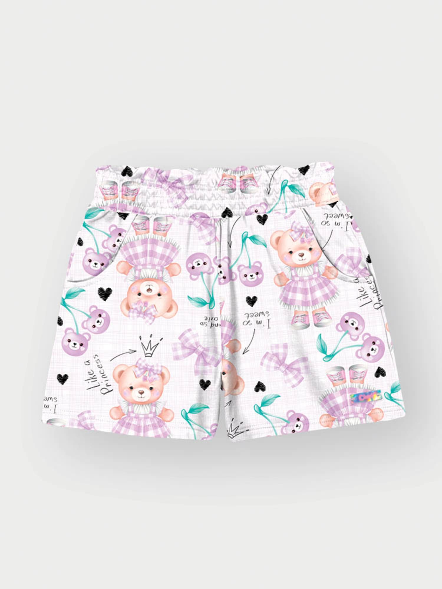 Conjunto Infantil Cinti Verão com Shorts e Blusa Lilás Ursinha Love com Strass