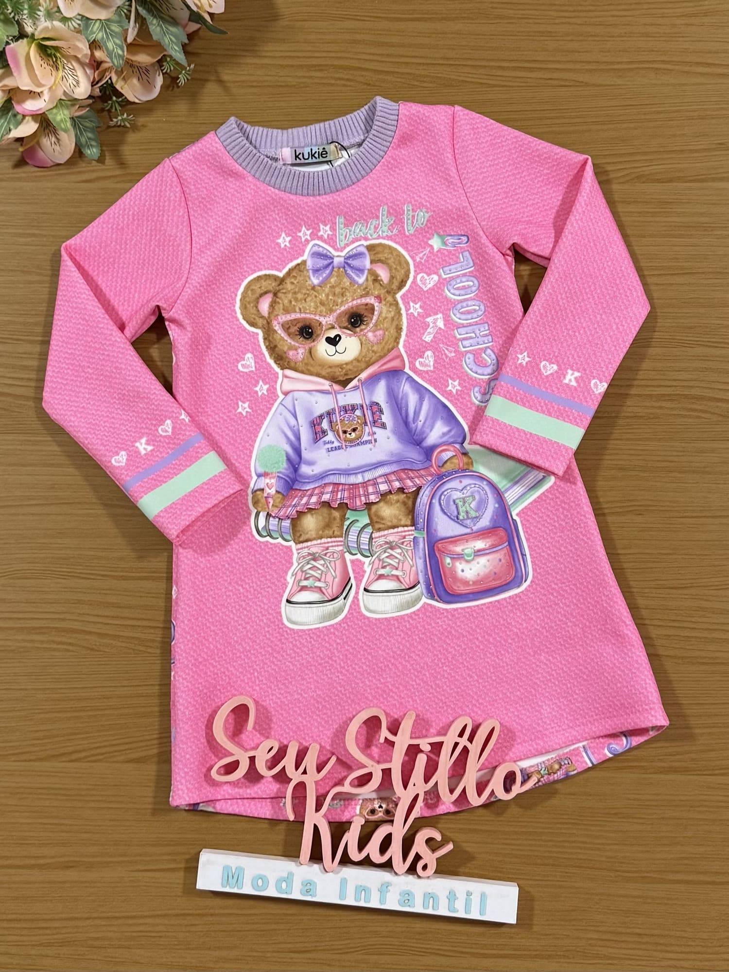 Vestido Infantil Kukiê Inverno Ursinha Escolar com Strass