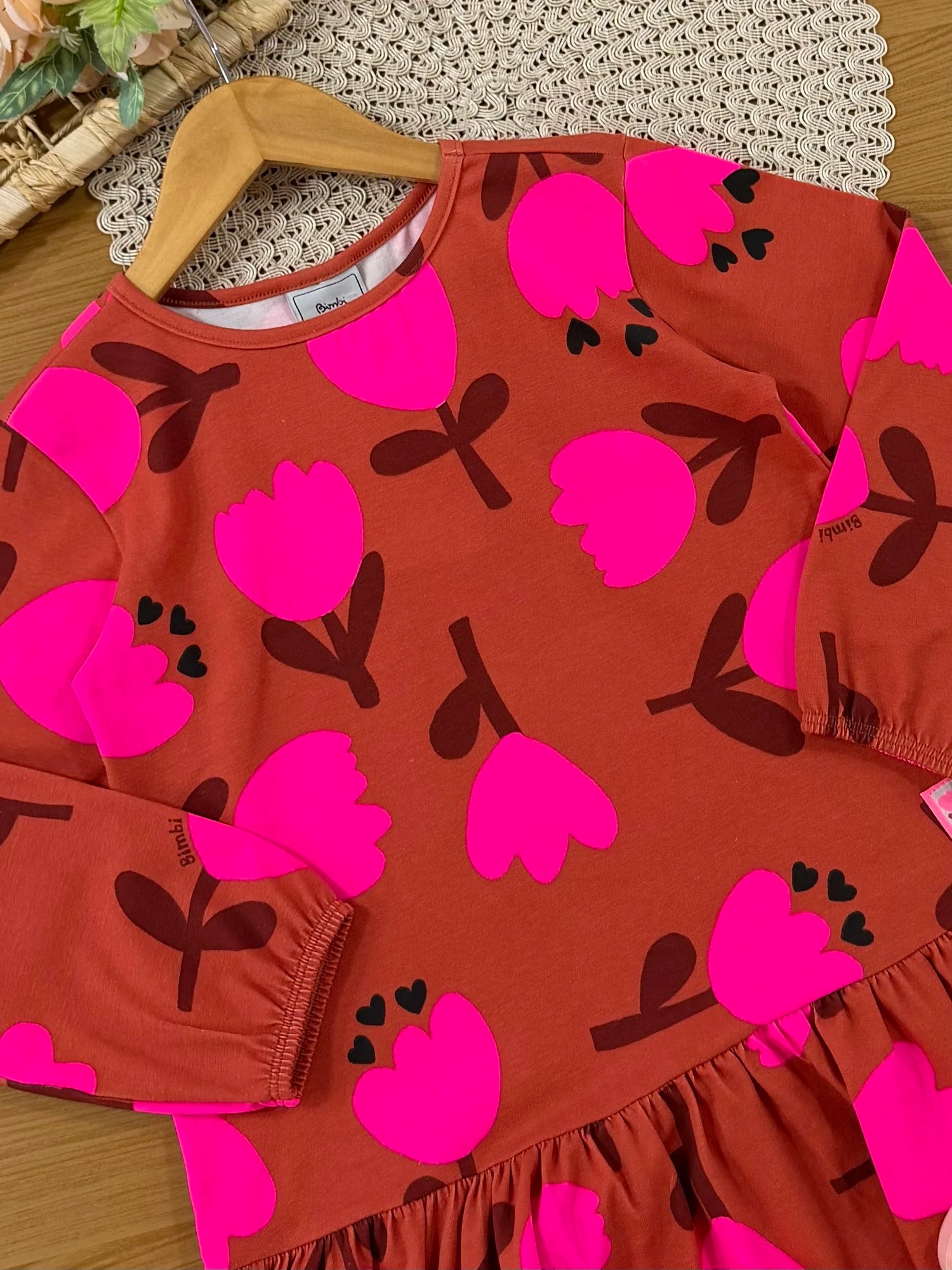 Vestido Infantil Bimbi Inverno Manga Longa Marrom Florzinhas