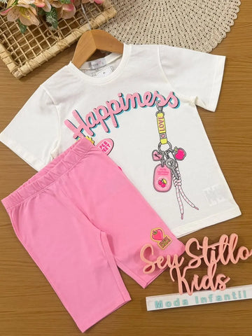 Conjunto Infantil Menina Momi com Shorts Ciclista Rosa e Blusa Branca Happiness