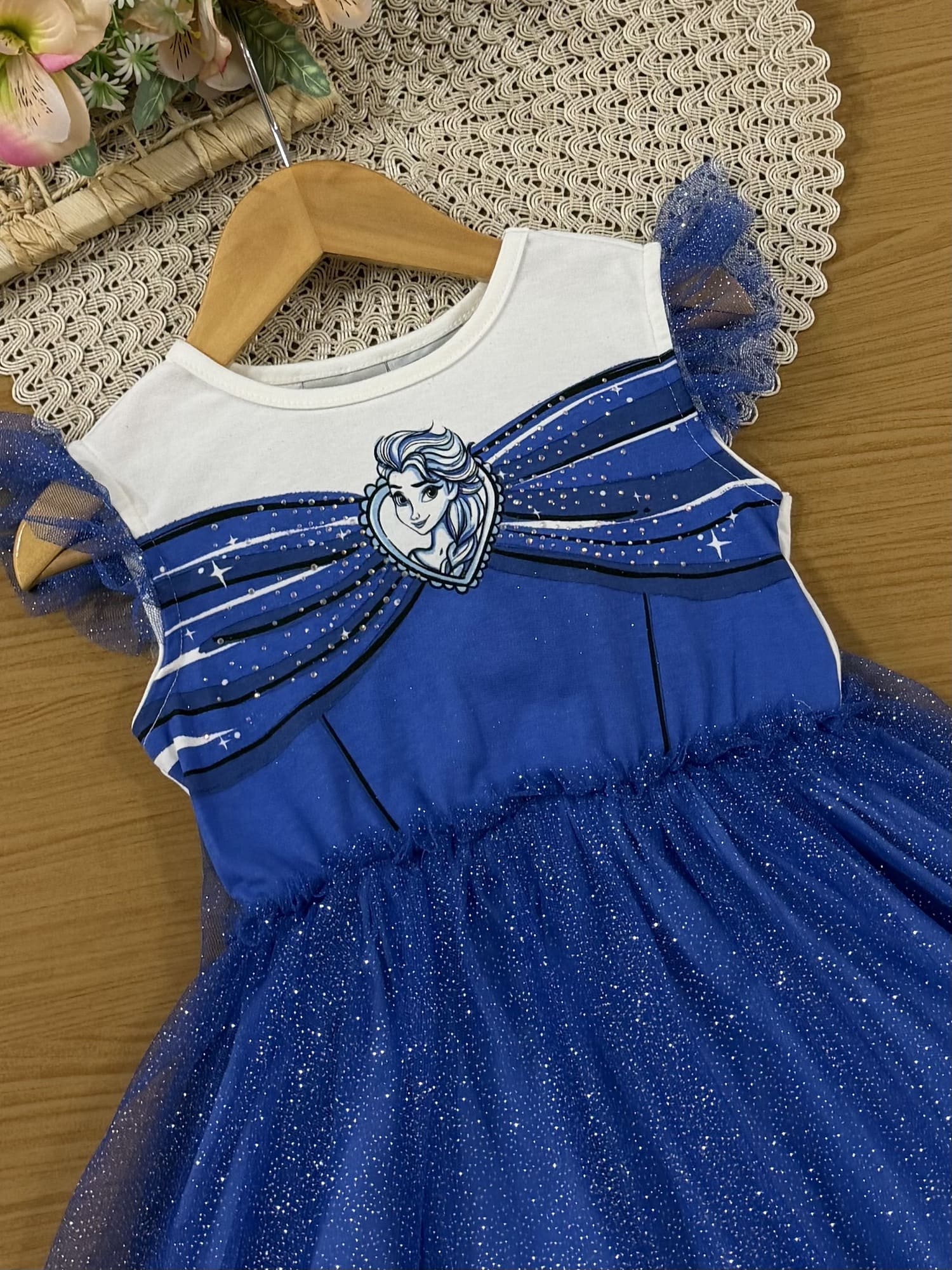 Vestido Infantil Bimbi Inverno Azul com Tule e Glitter Elsa Disney