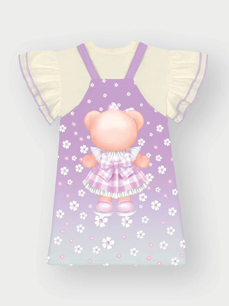 Salopete Infantil Cinti Verão Lilás com Blusa Branca Ursinha Floral
