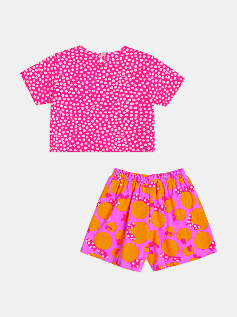 Conjunto Infantil Menina Bimbi Shorts Roxo e Blusa Rosa Poá