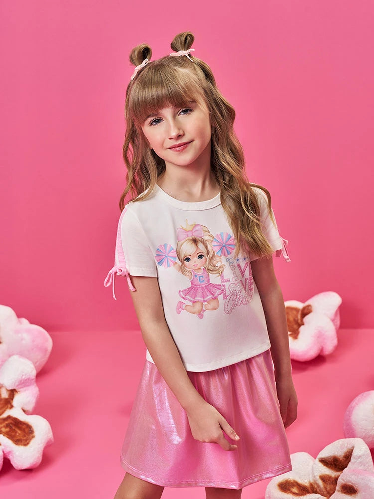 Conjunto Infantil Cinti Verão com Saia Rosa Holografica e Blusa Líder de Torcida
