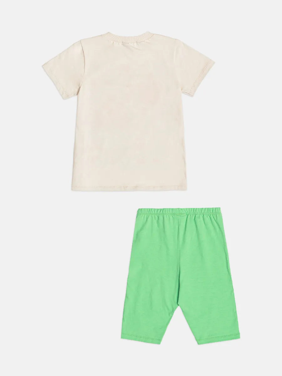 Conjunto Infantil Menina Bimbi Shorts Ciclista Verde e Blusa Bege Picnic