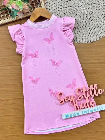 Vestido Infantil Kukiê Rosa Borboletinha Perola