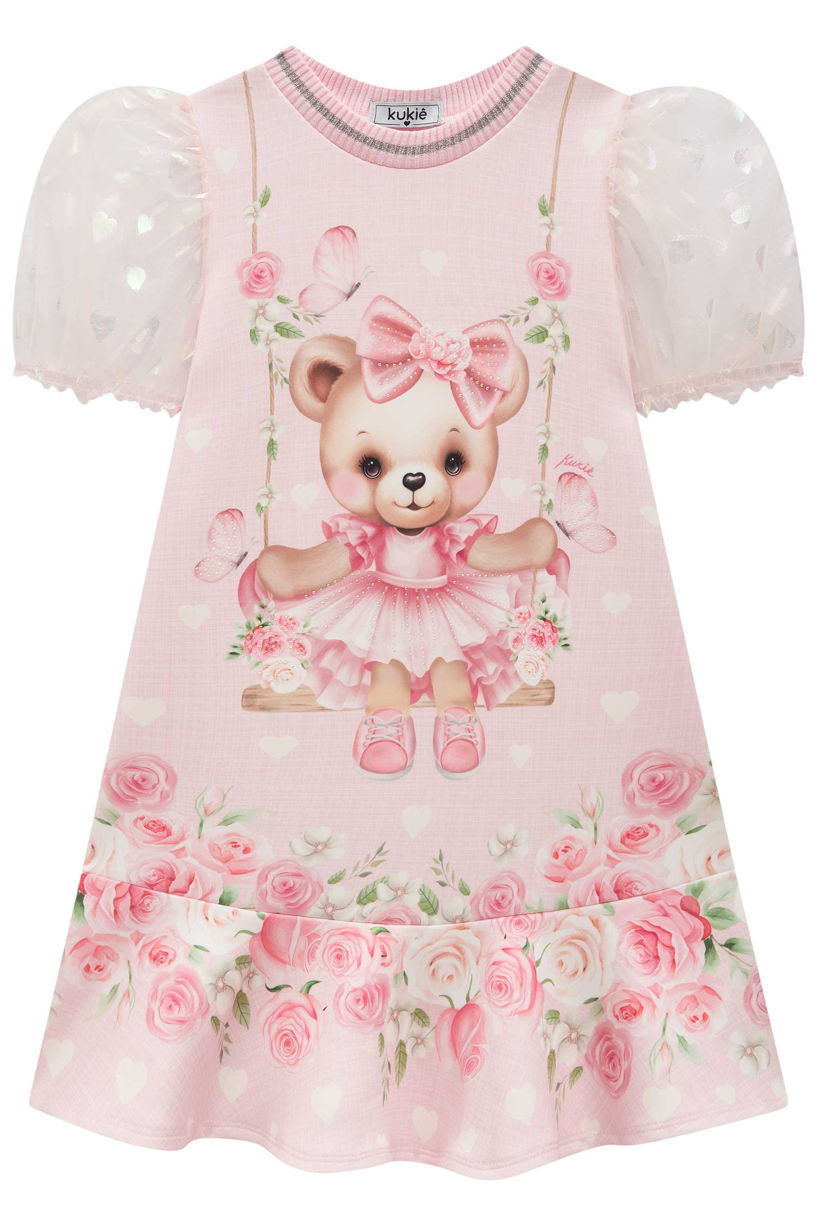 Vestido Infantil Kukie Verão Rosa Ursinha Fofa