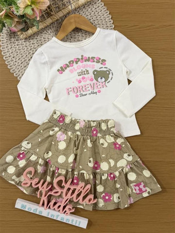 Conjunto Infantil Cinti Inverno com Saia Bege e Blusa Manga Longa Ursinha Happiness