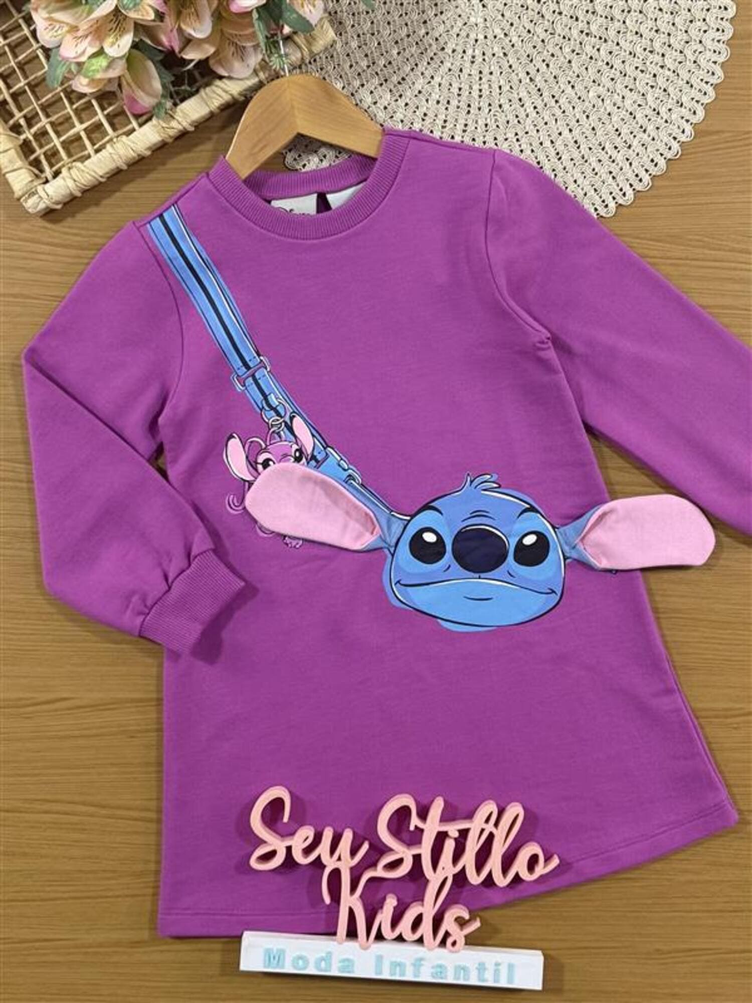 Vestido Infantil Momi Inverno Roxo Stitch Disney