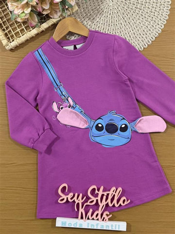 Vestido Infantil Momi Inverno Roxo Stitch Disney