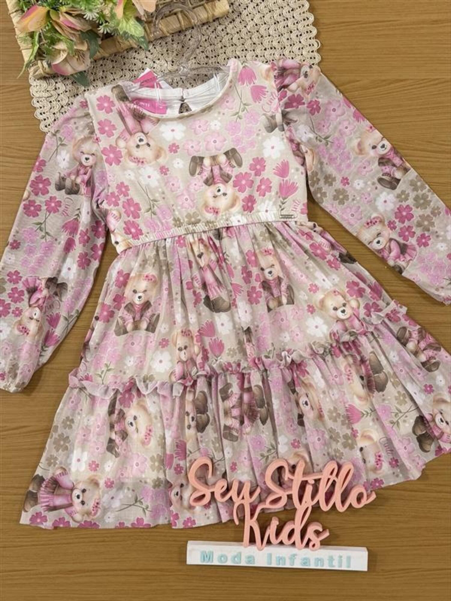 Vestido Infantil Cinti Invero Bege Ursinha Floral