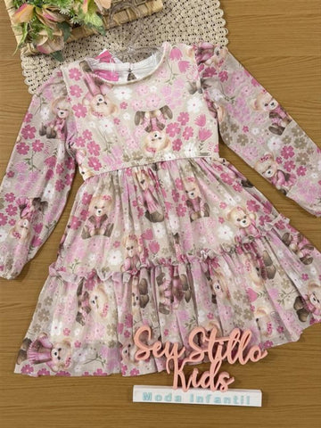 Vestido Infantil Cinti Invero Bege Ursinha Floral