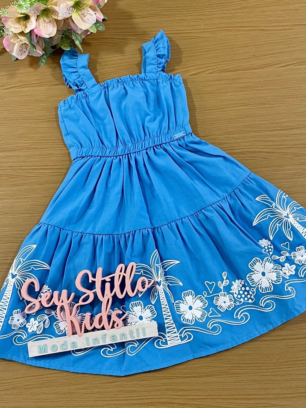 Vestido Infantil Momi Verão Azul Coqueiros Alto Relevo