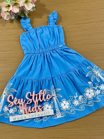 Vestido Infantil Momi Verão Azul Coqueiros Alto Relevo