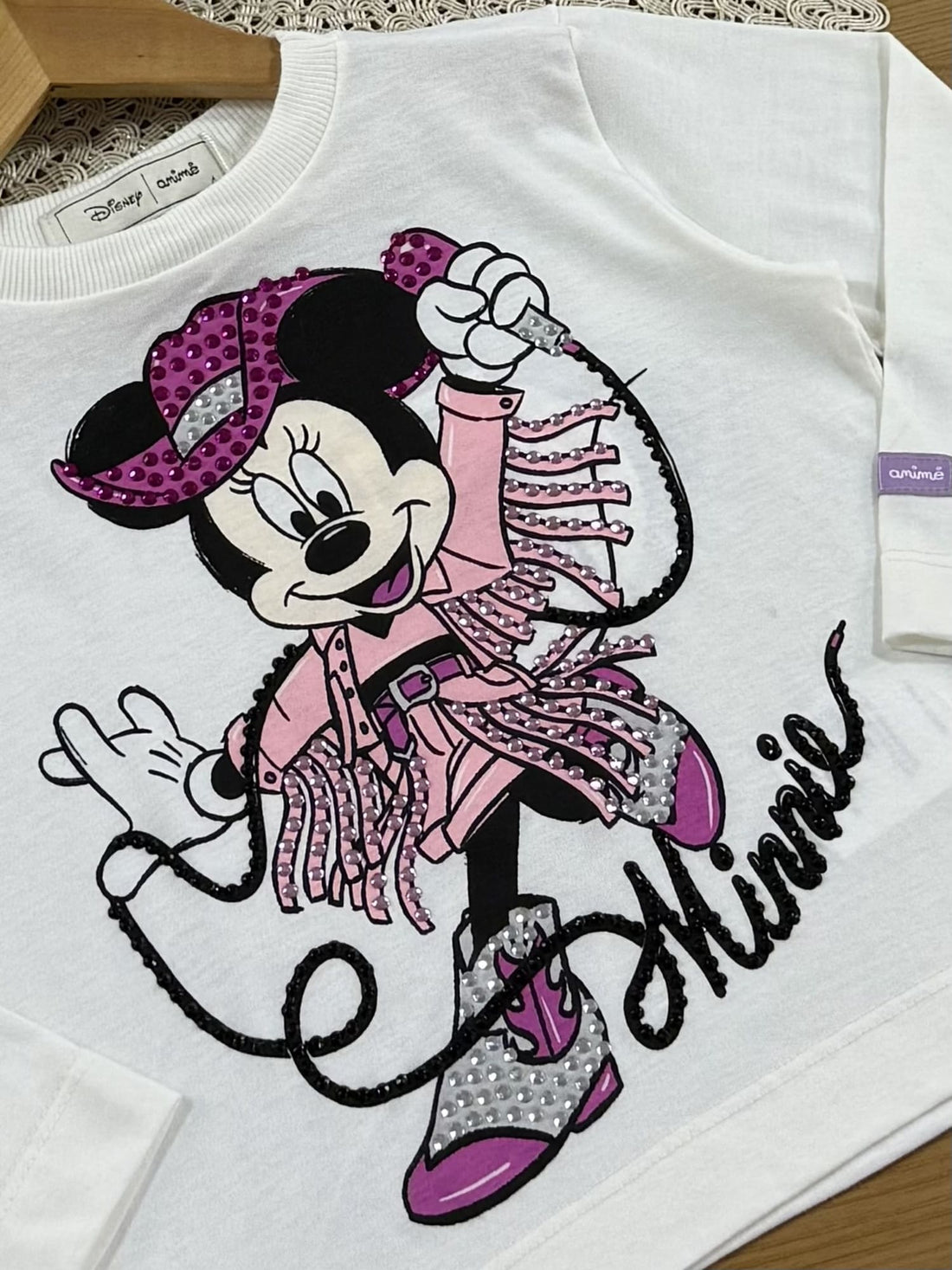 Blusa Infantil Animê Inverno Manga Longa Branca Minnie Cowgirl com Strass Disney
