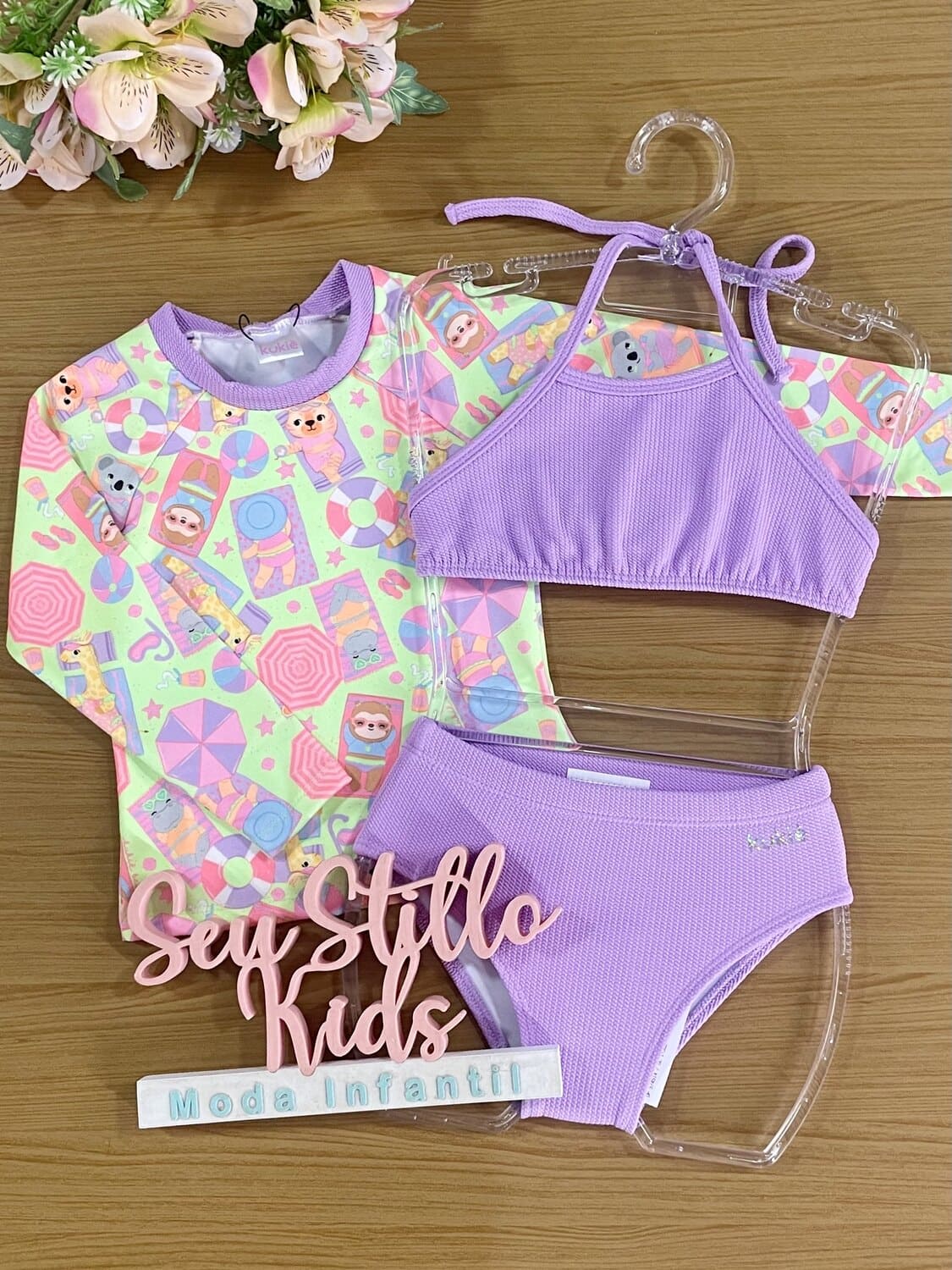 Biquíni Infantil Kukiê Verão com Blusa Manga Longa Verde e Lilás Férias