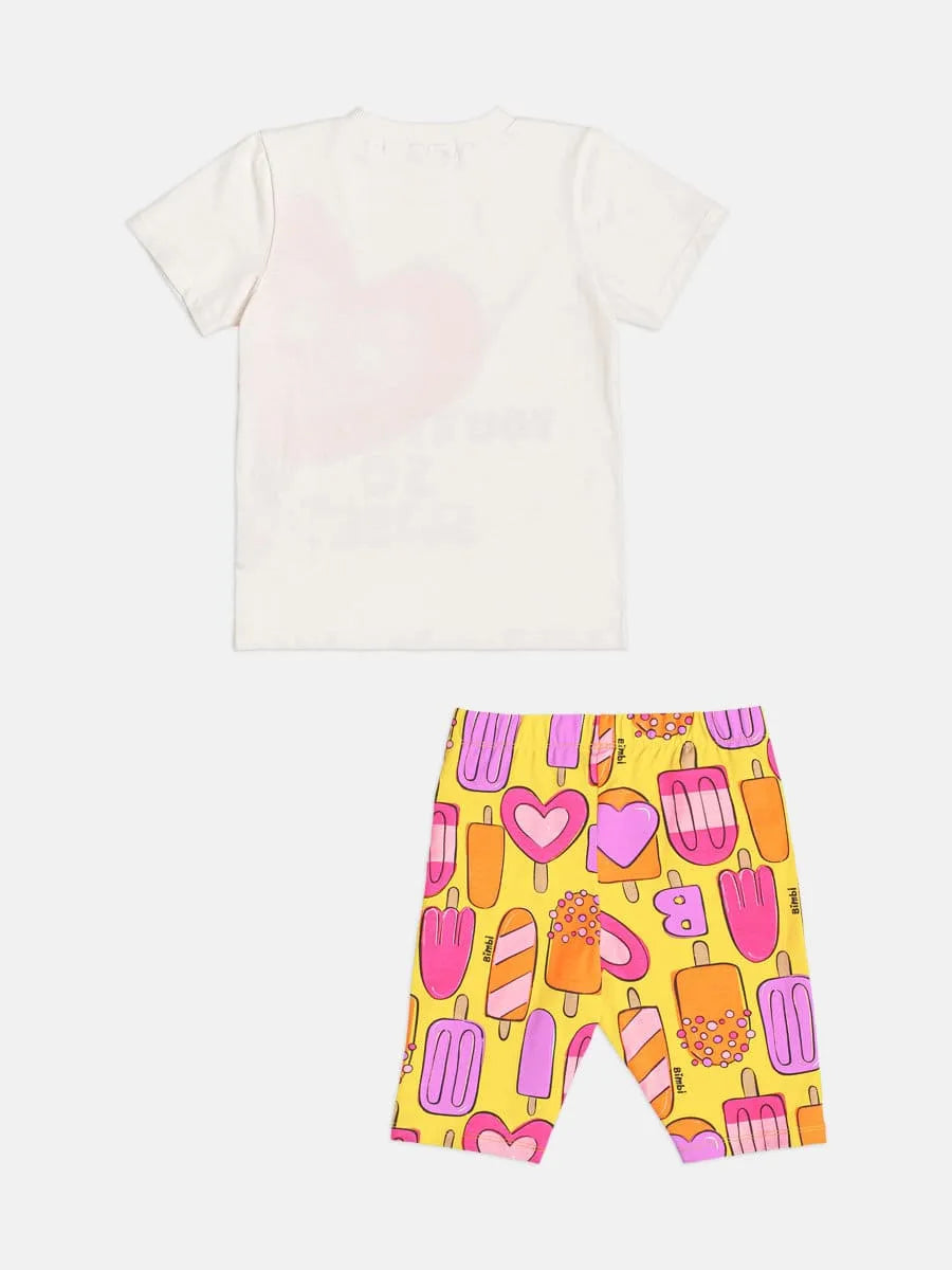 Conjunto Infantil Menina Bimbi com Shorts Ciclista Amarelo e Blusa Branca Docinhos