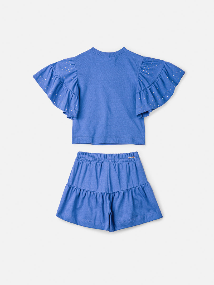 Conjunto Infantil Animê Verão Shorts e Blusa Azul com Strass