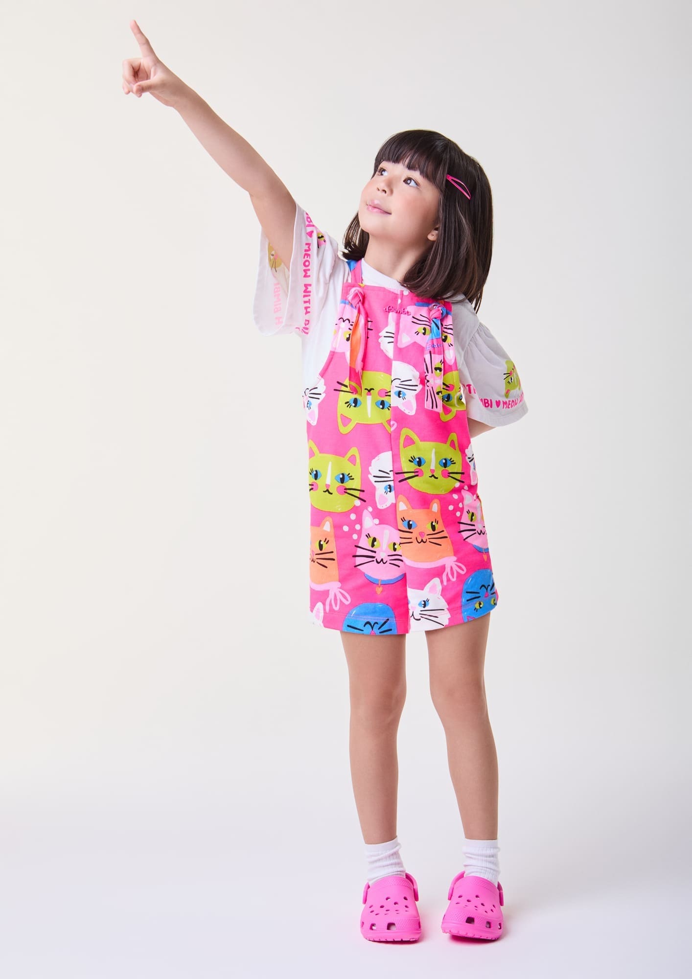 Jardineira Infantil Bimbi Verão Rosa Gatinhas
