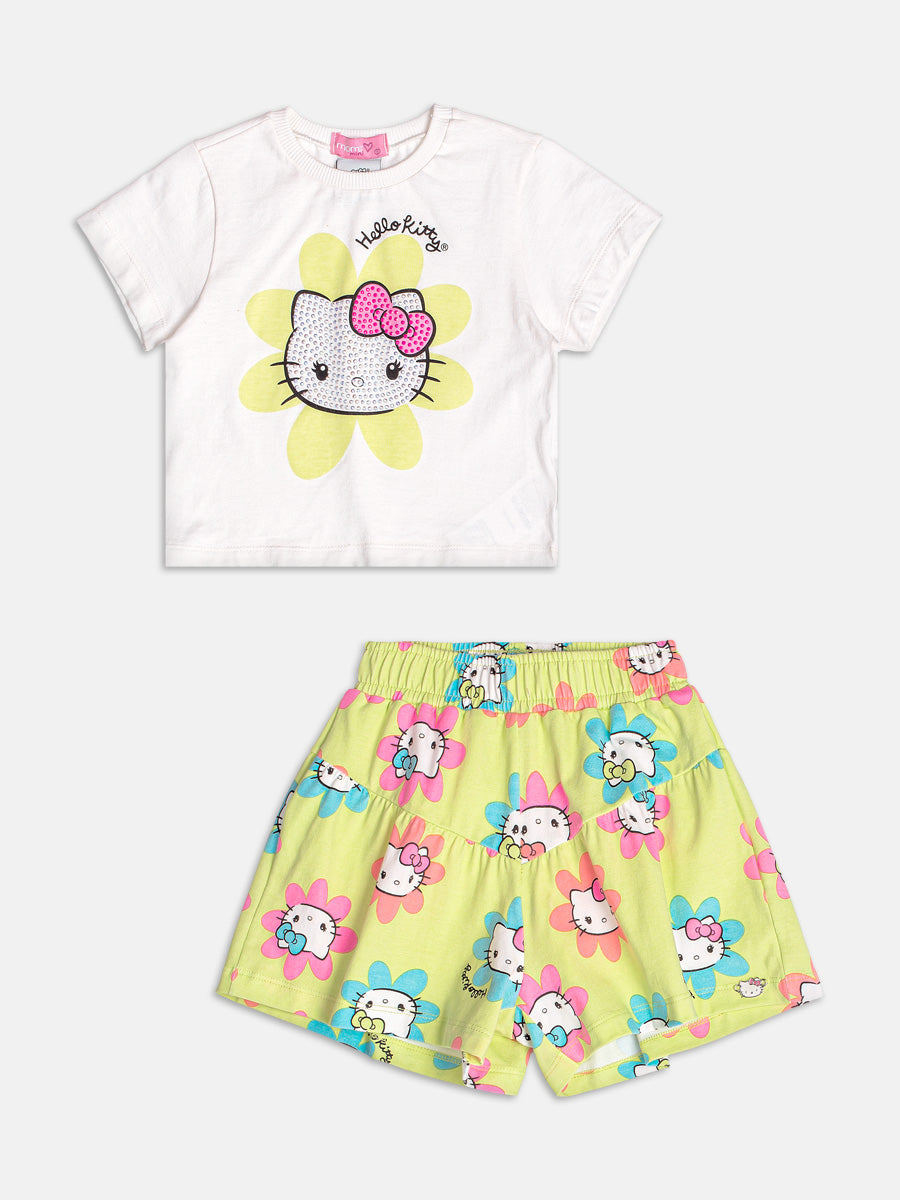 Conjunto Infantil Momi Verão com Shorts Verde e Blusa Branca Hello Kitty com Strass