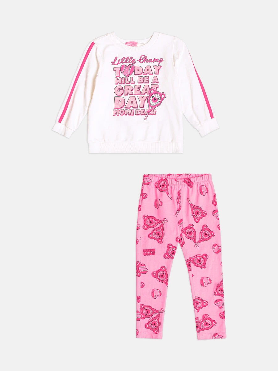 Conjunto Infantil Momi Inverno com Calça Legging Rosa e Moletom sem Flanela Little Champ