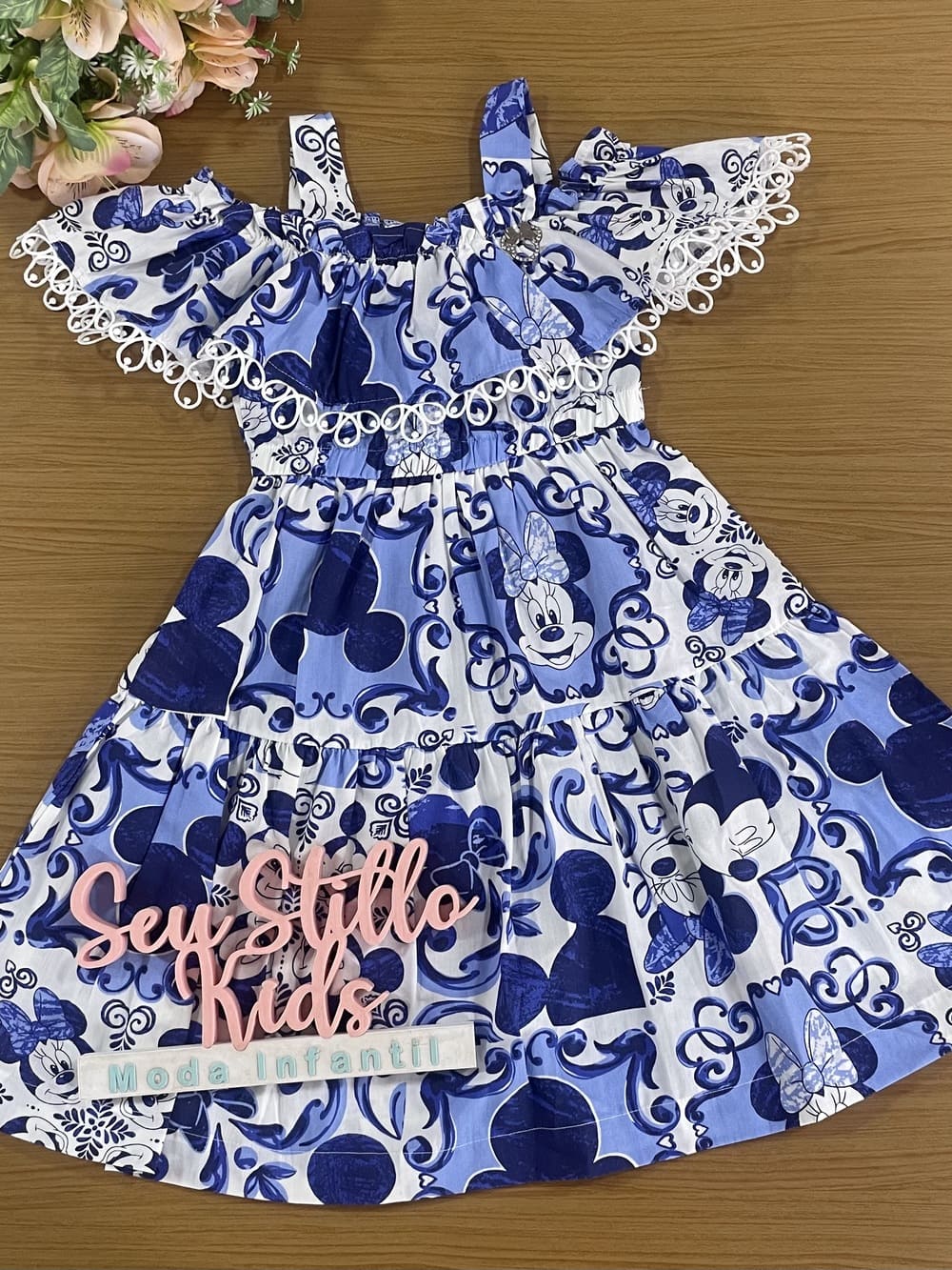 Vestido Infantil Animê Verão Azul Minnie e Mickey Disney