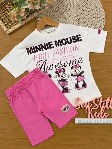 Conjunto Infantil Menina Animê com Shorts Ciclista Rosa e Blusa Branca Minnie Fashion Disney