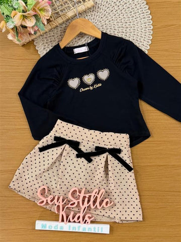 Conjunto Infantil Kukiê Inverno com Saia Bege e Blusa Manga Longa Corações