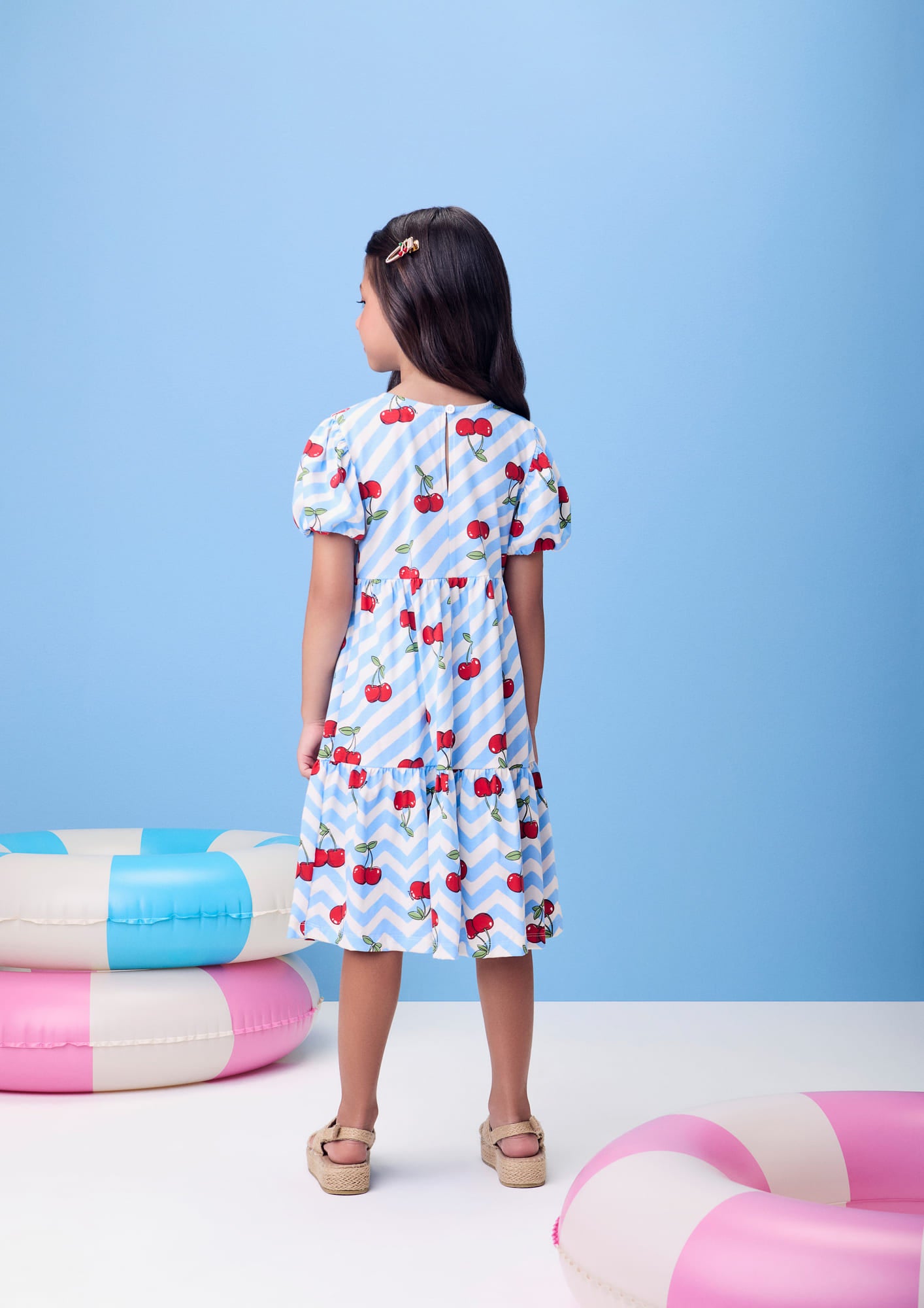 Vestido Infantil Momi Verão Azul Listrado Cerejinha