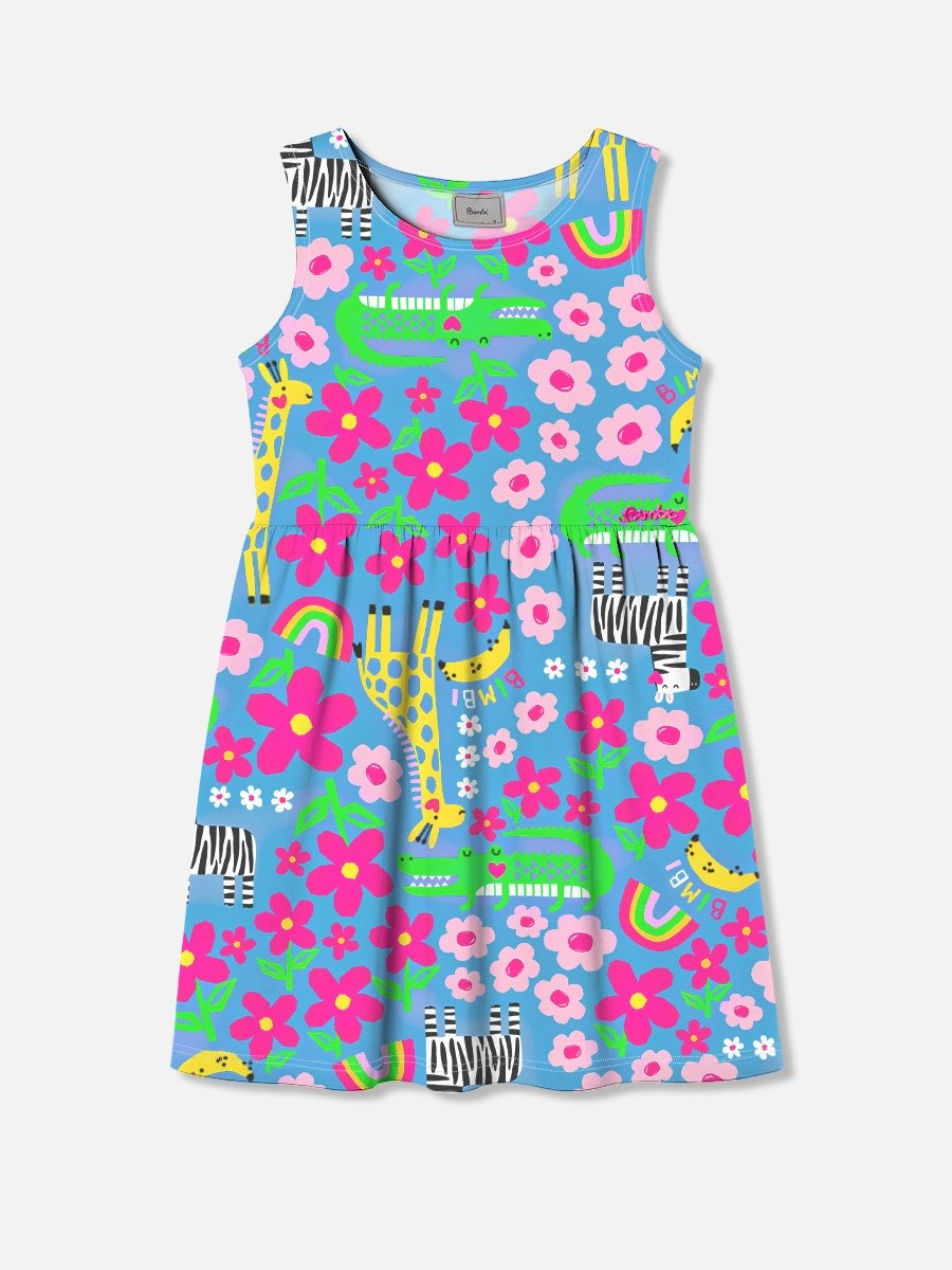 Vestido Infantil Bimbi Verão Azul Animais Floral