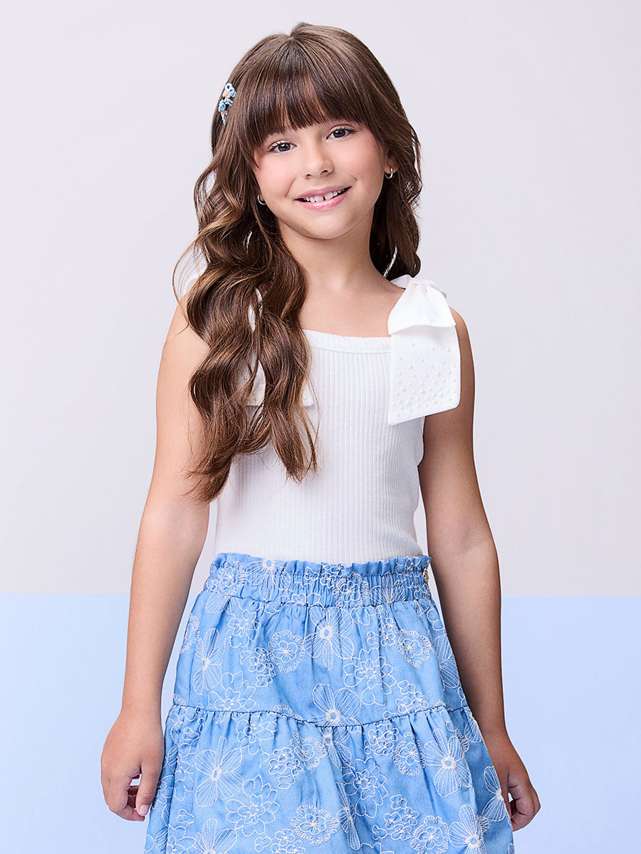 Conjunto Infantil Momi Verão Saia Flores Bordadas e Regata Canelada