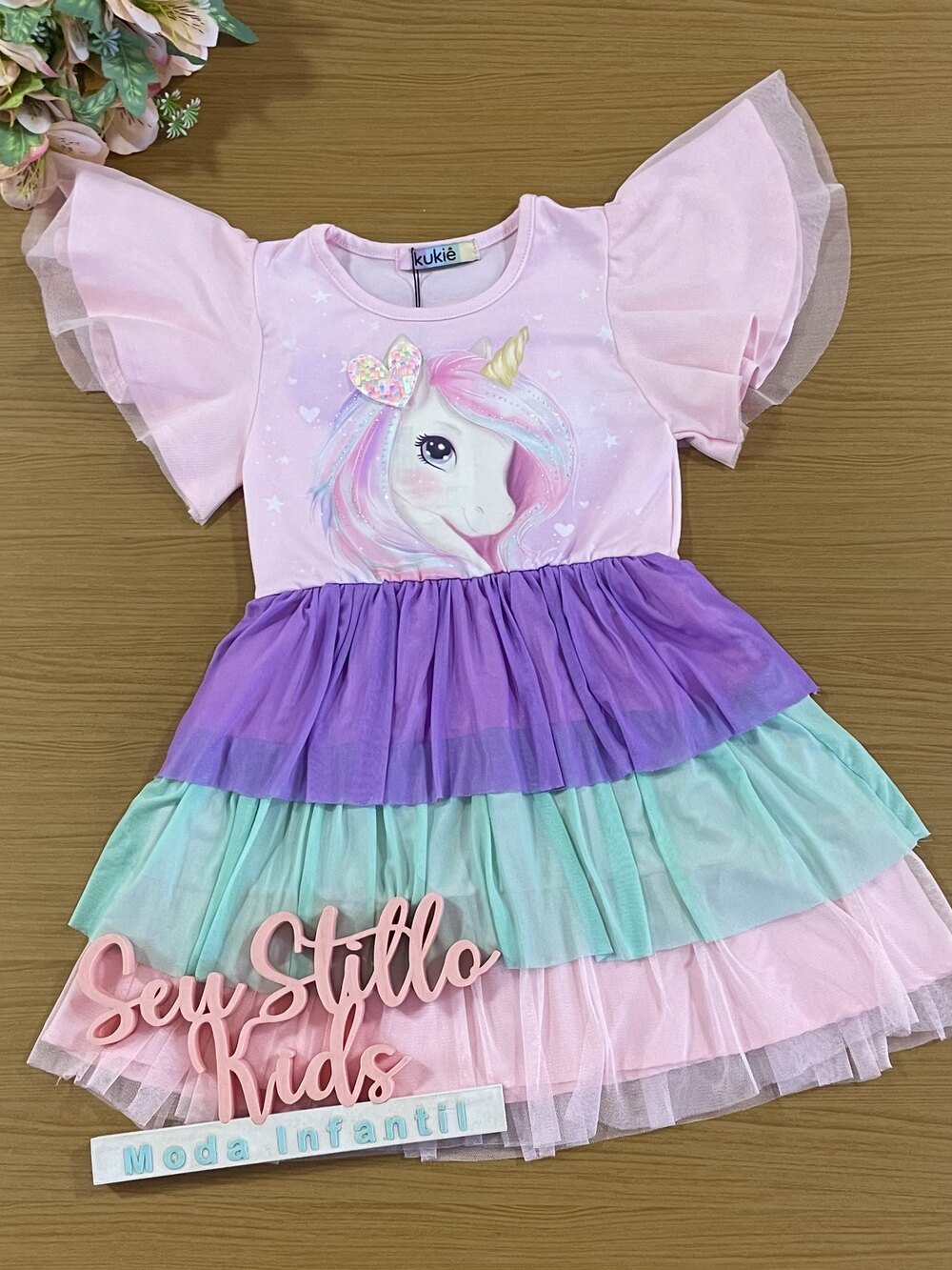 Vestido Infantil Kukie Verão Colorido Tule Unicórnio