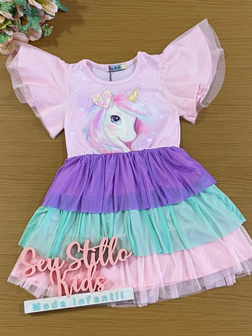 Vestido Infantil Kukie Verão Colorido Tule Unicórnio