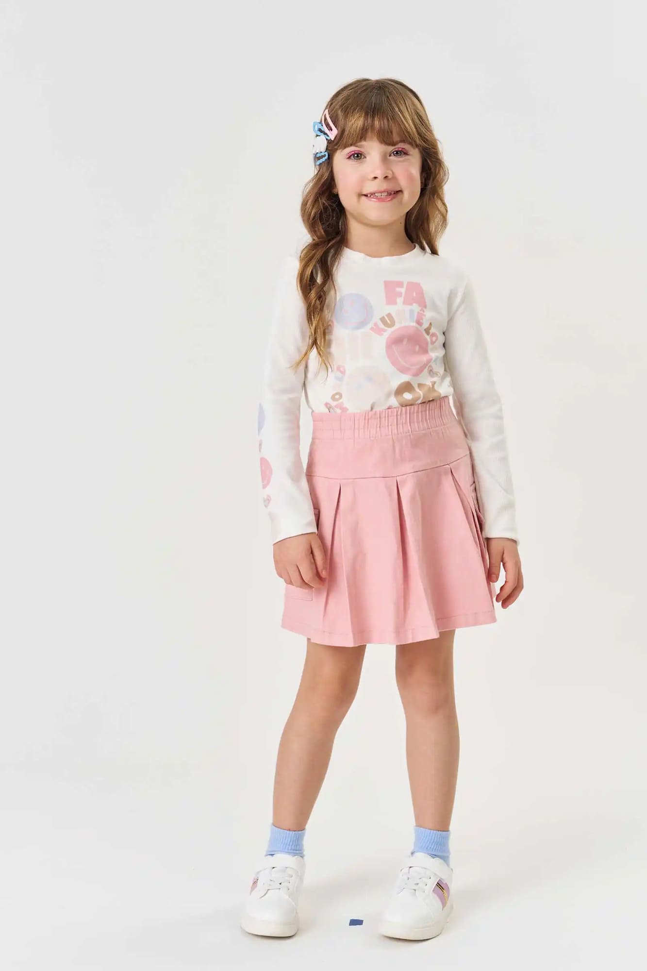 Conjunto Infantil Kukiê Inverno com Saia Rosa e Blusa Manga Longa Emojis