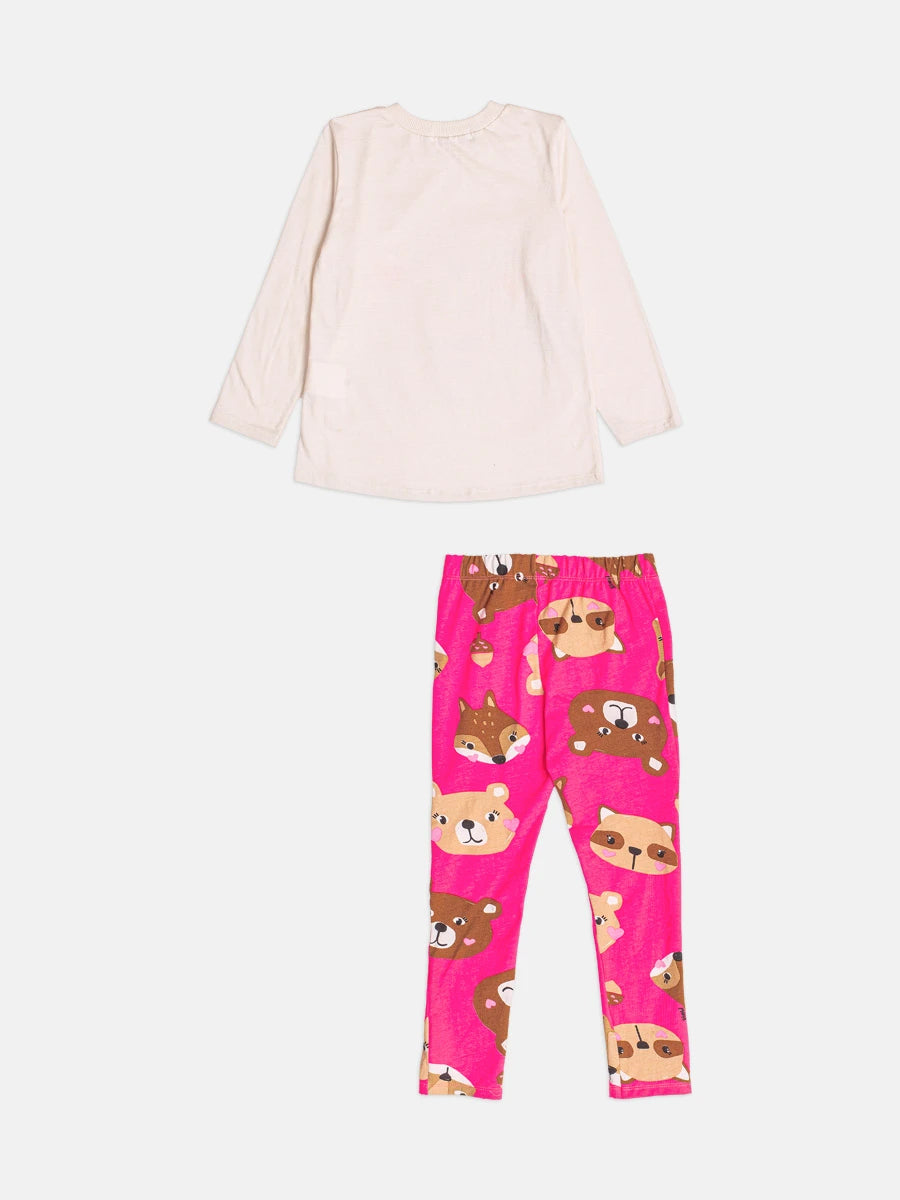 Conjunto Infantil Bimbi Inveno com Calça Legging Rosa e Blusa Manga Longa Ursinho