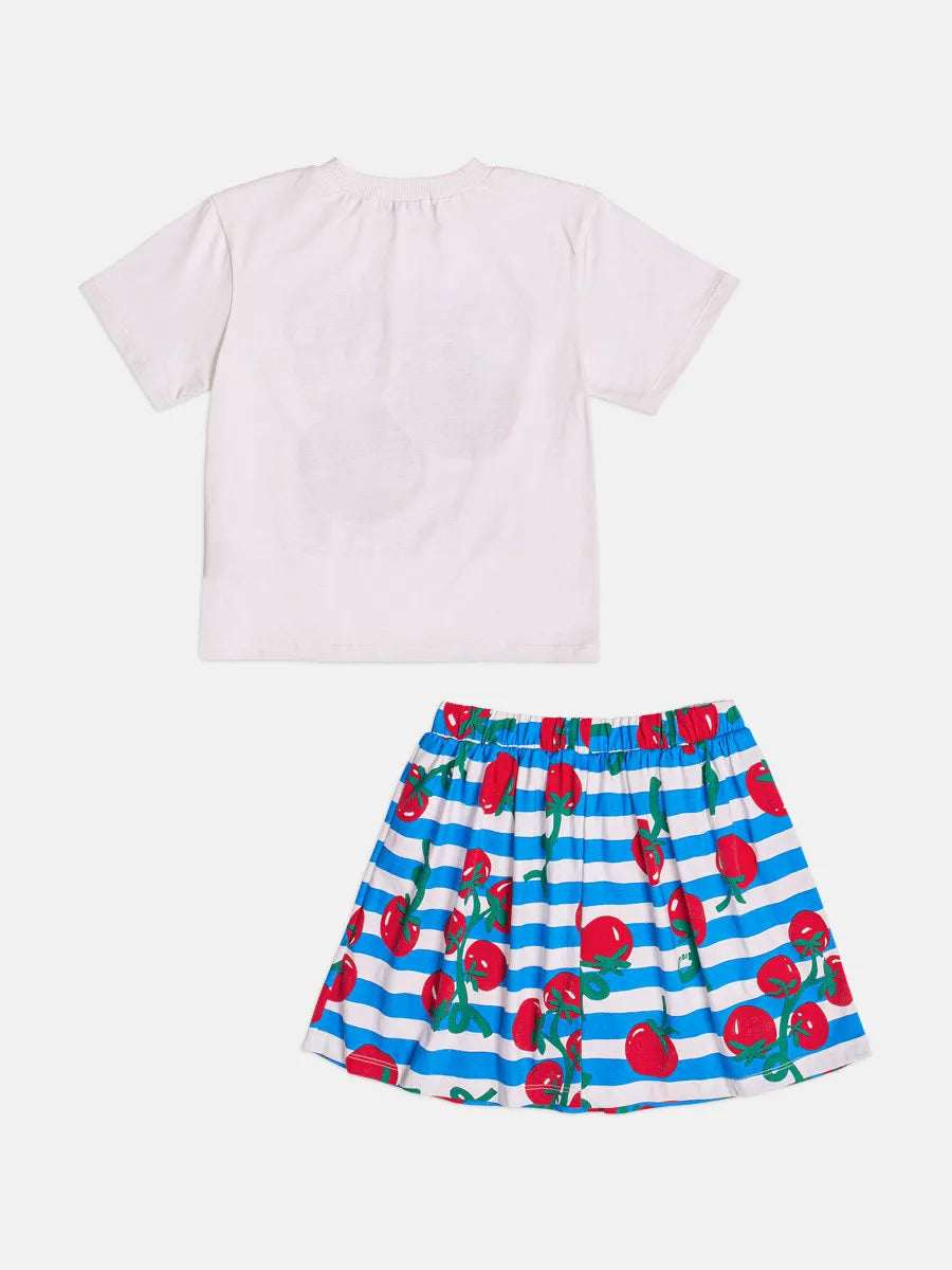Conjunto Infantil Menina Bimbi com Saia Listrada Azul e Blusa Branca Tomatinhos