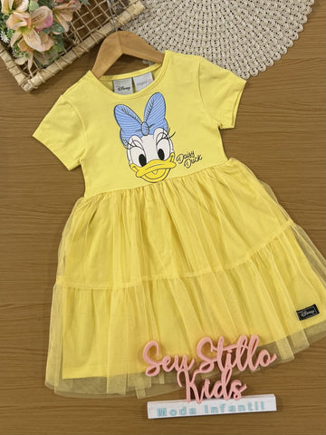 Vestido Infantil Momi Verão Amarelo com Tule Daisy Duck Disney