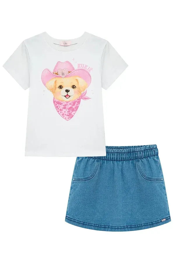 Conjunto Infantil Menina Kukiê com  Shorts Jeans e Blusa Cachorrinha Boiadeira